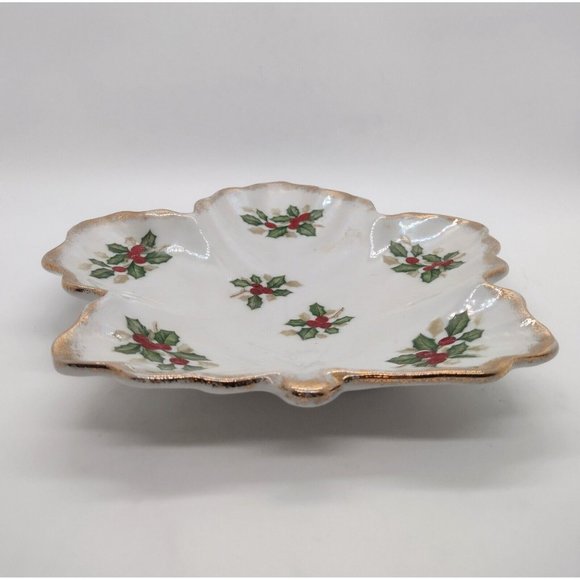 Vintage Christmas Holly Leaf Trinket Serving Dish 7 in Porcelain Gold Holiday - Picture 4 of 5
